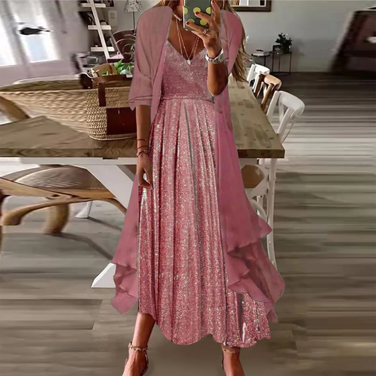 

Womens Summer Dresses Flowy Floral Print Two Piece Set Chiffon Dress Long Sleeve Lace Dress Champagne Formal Evening Gown