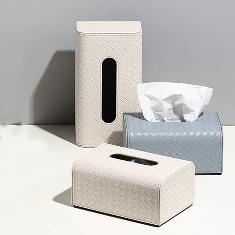 Rectangle Leather Tissue Box Creative Woven Grid Imitation Leather Extractable Tissue Box Home Bedroom Living Room Decoration 2
