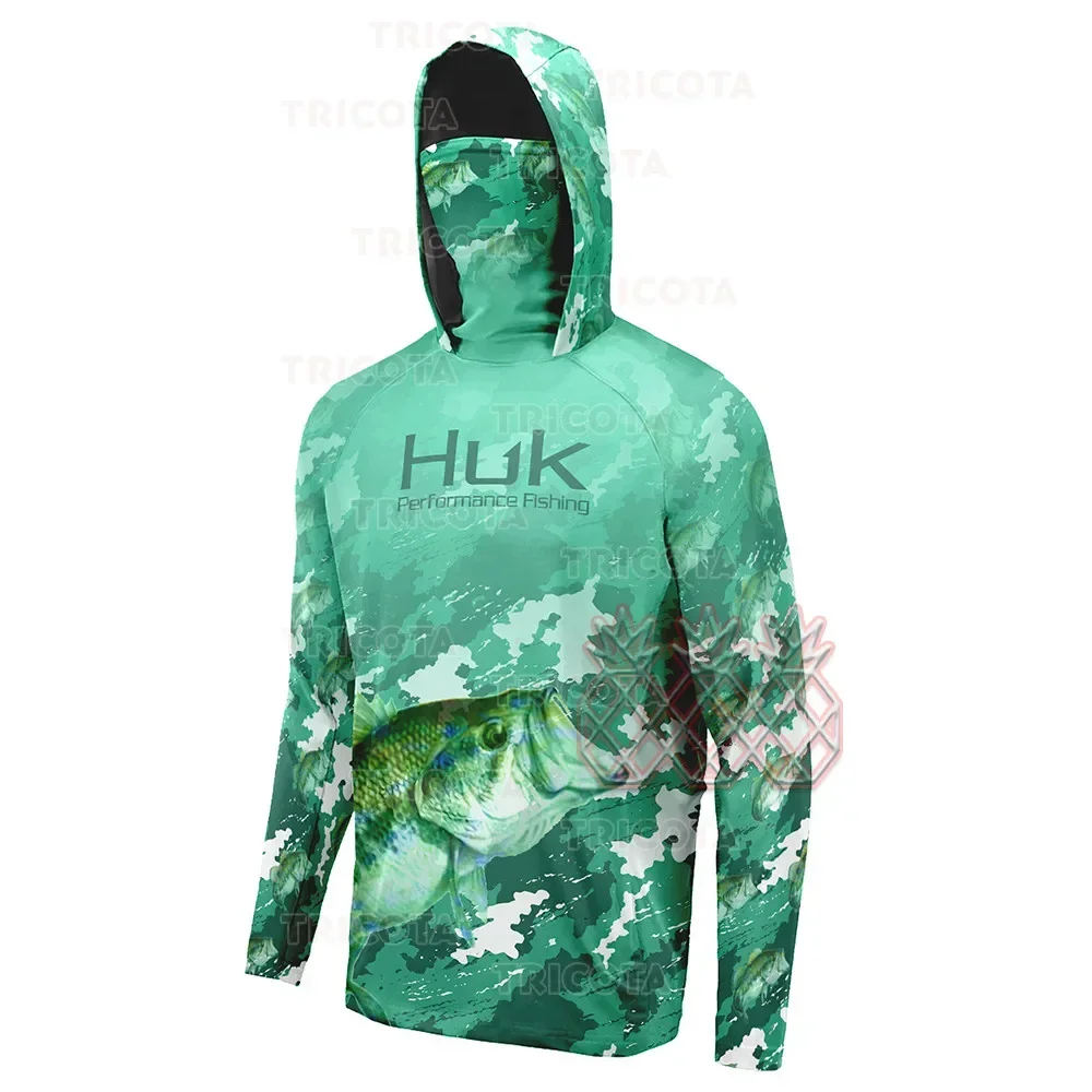 HUK 낚시 셔츠 마스크 야외 남성용 UV 차단 피쉬 후드 의류 긴팔 통기성 퍼포먼스 낚시 저지 UPF 50+