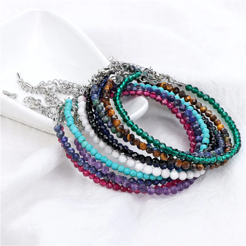 3MM Beads Bracelets For Women Men Faceted Natural Stone Braided Bracelet Silvery Chain Amethysts Lapis Lazuli Tiny Wristbands - Image 2