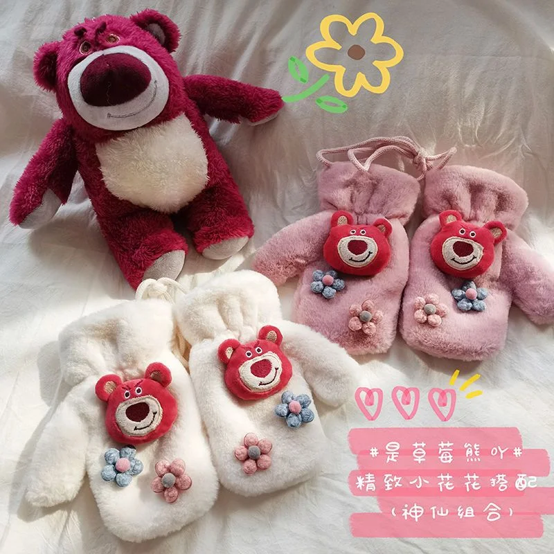 

Sanrio перчатки с клубничным медведем Зимние флисовые утепленные теплые велосипедные перчатки Kawai зимние теплые утепленные студенческие перч...