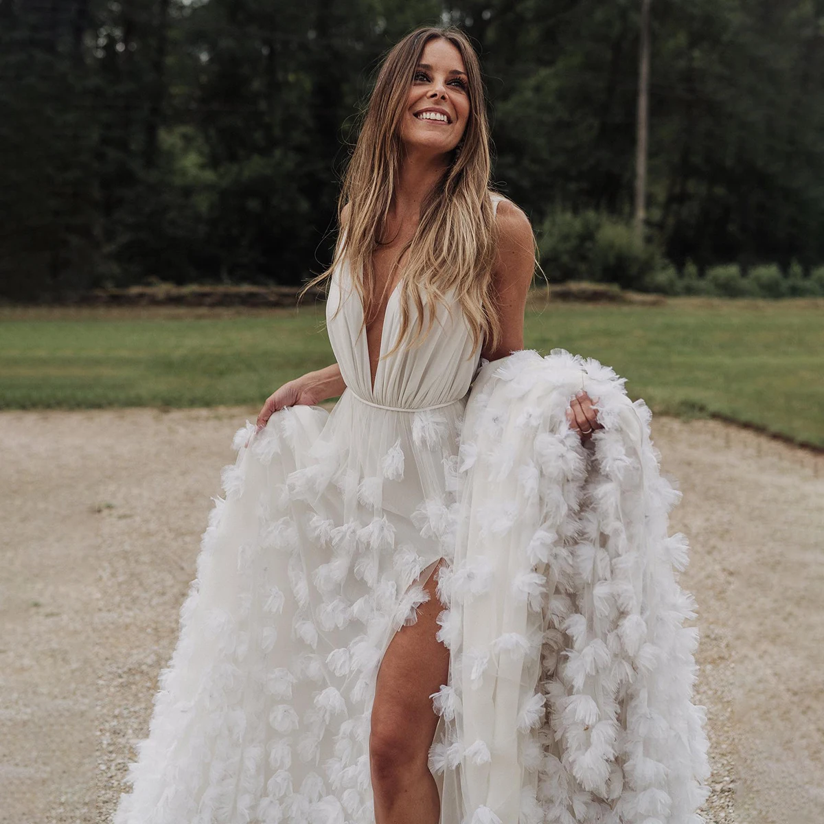 結婚式のイブニングドレス,Vネック,3D花柄,オープンバック,脚,ハイ  