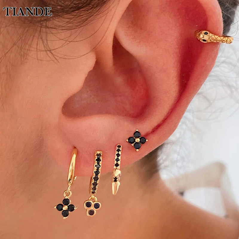 TIANDEBlackZirconHoopDropEarringsforWomenGoldPlatedPiercing