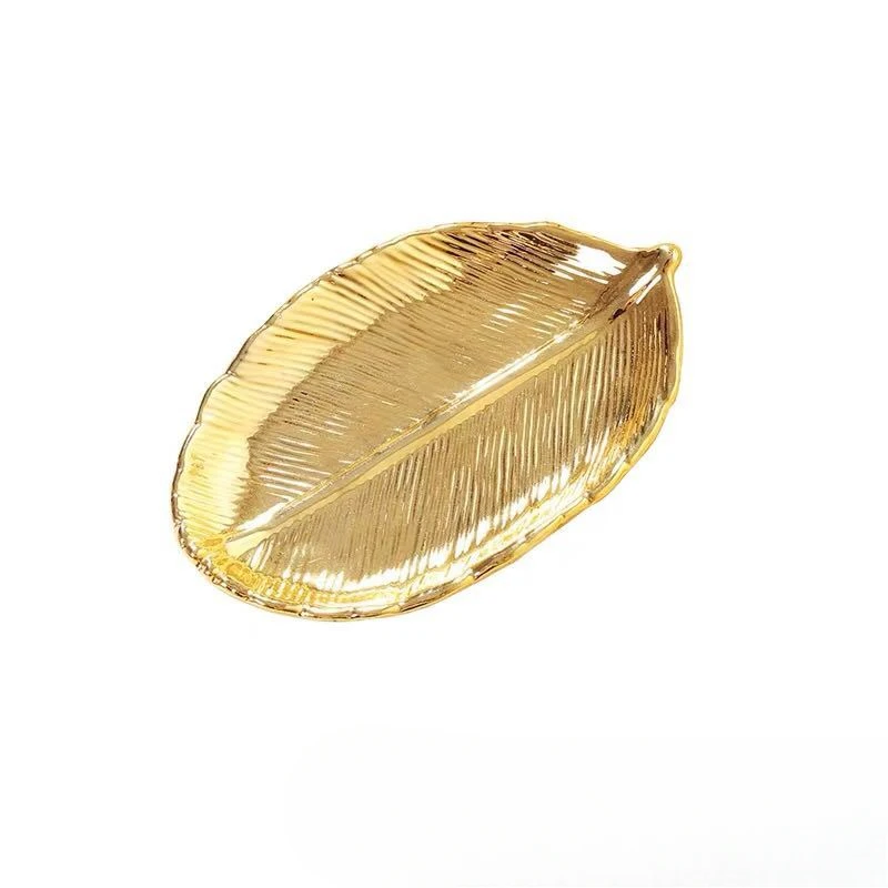 Golden leaf ceramic jewelry tray, cosmetic jewelry storage tray, decorative item tray, home desktop decoration 6