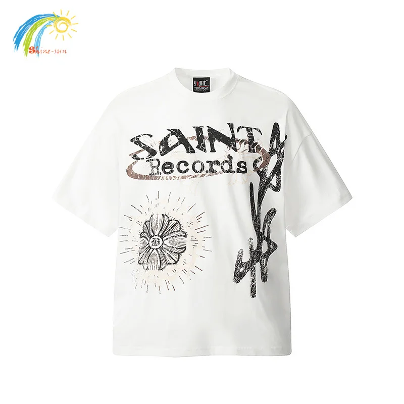 

24SS Streetwear Crack Logo Full Print SAINT MICHAEL T-Shirt Tee Best Quality Oversized White Brown Top T Shirt For Men Women