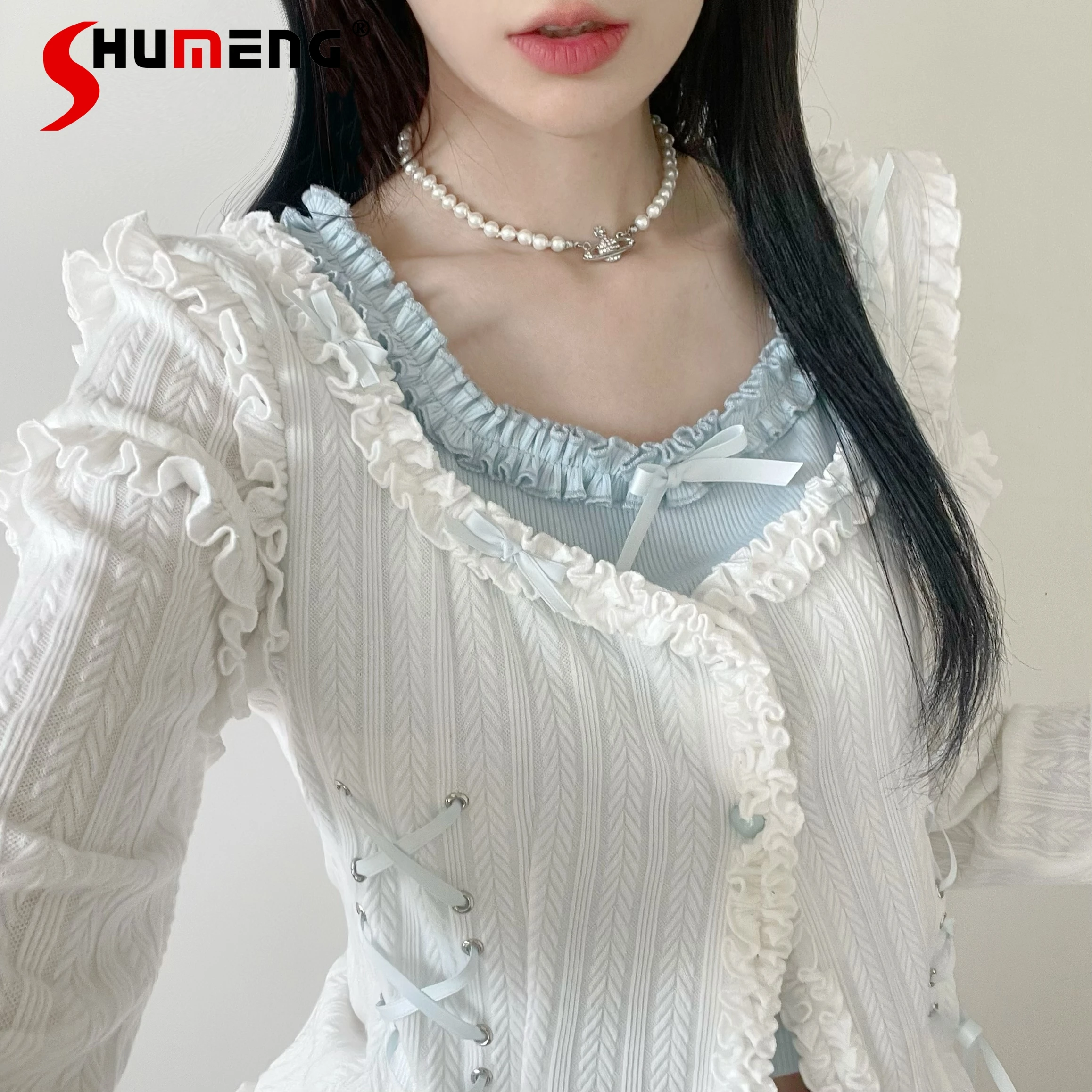 Sweet Bandage Knitted Top Woman White Fake Two Pieces Twist Knit Texture Shirt 2024 Spring New Cute Pleated Short Cake Skirts