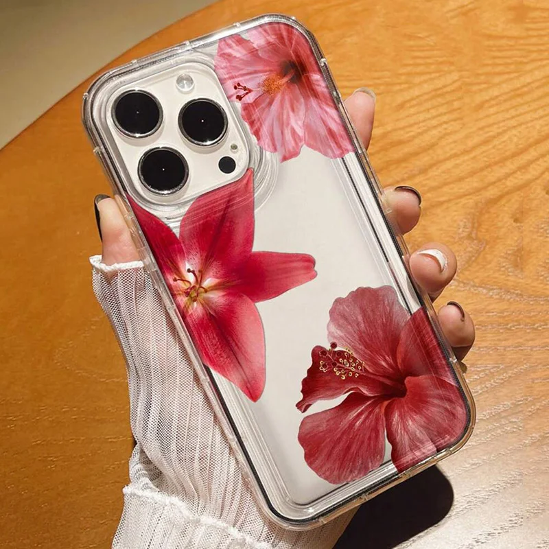 Cherry Flower Print Clear Case For iPhone 16 15 14 13 Pro Max 11 12 Mini X XR XS Max 7 8 Plus SE2 Stylish Shockproof Soft Cover 6