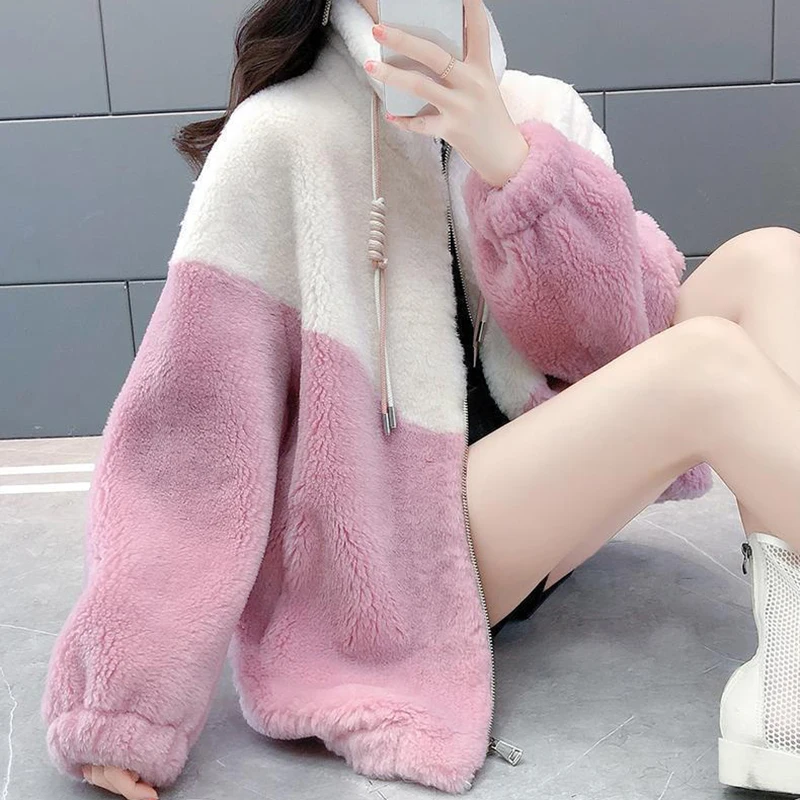 

Fashion Patchwork Lamb Wool Jacket for Women Autumn Winter Stand Collar Warm Outerwear Woman Zipper Up Loose Plush Coats Female