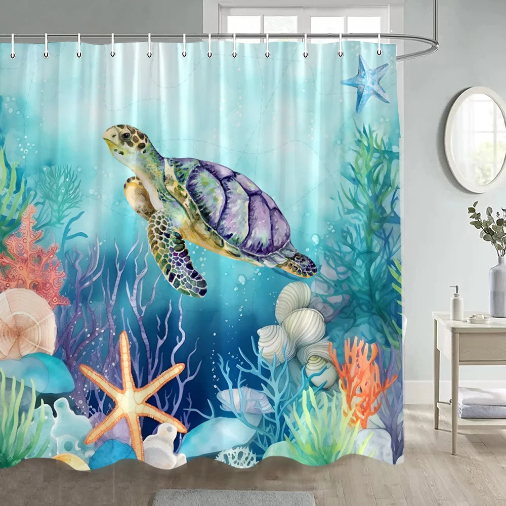 

Ocean Sea Turtle Shower Curtain Starfish Coral Seashells Seagrass Marine Animals Watercolour Art Fabric Bathroom Curtains Decor