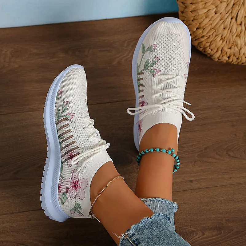 Fashion Printed Knitted Sneakers Women New Lightweight Breathable Flats Woman Lace-Up Non-Slip Ladies Sports Shoes women sneakers