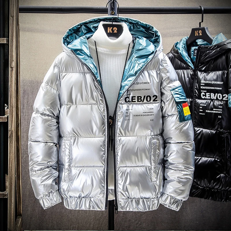Men Parkas Cotton-padded Clothes Winter Thick Warm Bright Leather Jacket Korean Y2K Streetwear Fashion Harajuku Casual Coat