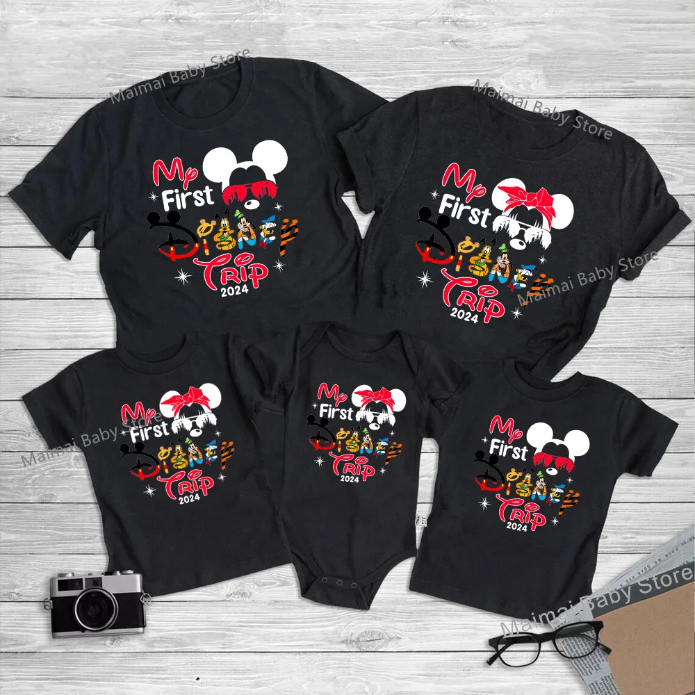 

New My First Disney Trip 2024 Family Matching Tshirts Mickey Minnie Mouse Funny Look Dad Mom Kids Matching Outfits Tops Clothes