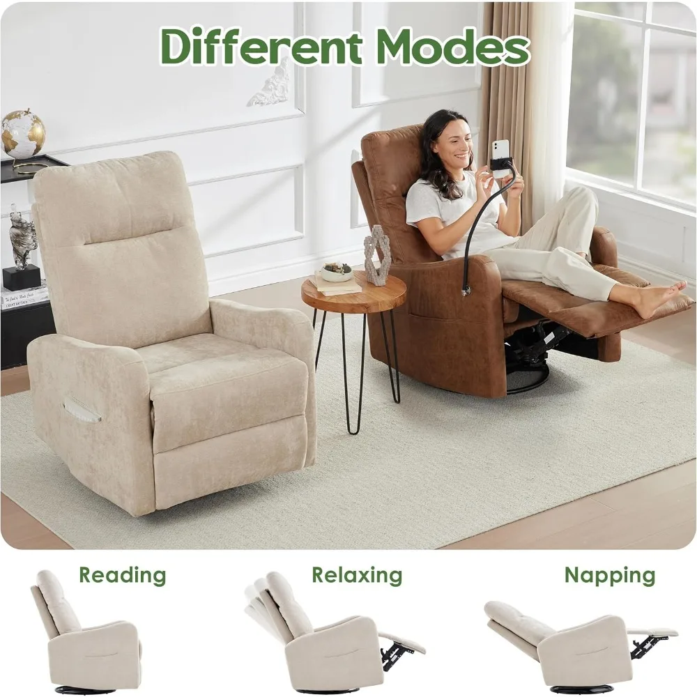 Oversized Fabric Recliner Chair with Phone Holder, Swivel Rocking Chair Reclining, with Lumbar Support, Beige Children's Sofas 6