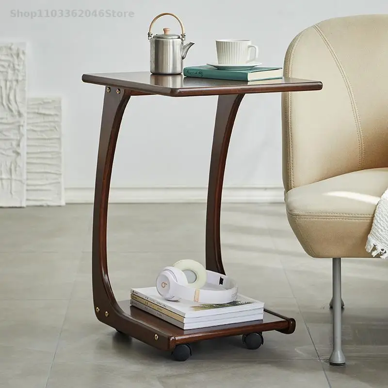 Solid Wood Side Table Mobile Coffee Table With Wheels Small Square Living Room Sofa Side Cabinet Cabinet Cart