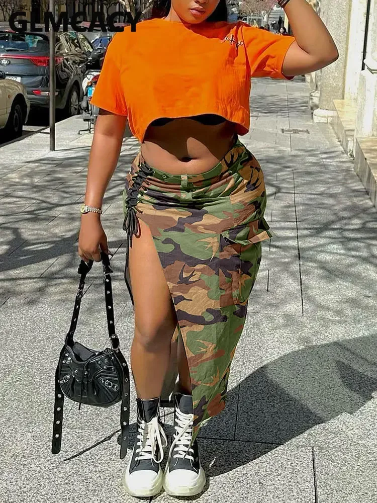

Women Camo Printed High Waist Lace Up High Split Skirt
