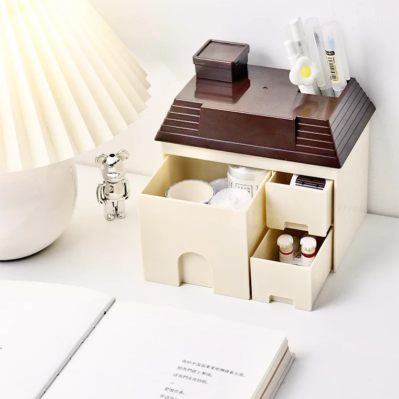 Small House Creative Desktop Organizing Storage Box Stationery Cosmetics Girls Dormitory Storage Box Desk Organizer storage box,self adhesive storage box,desk organizer,transparent storage box,storage organizer,lockable storage box,bag organizer