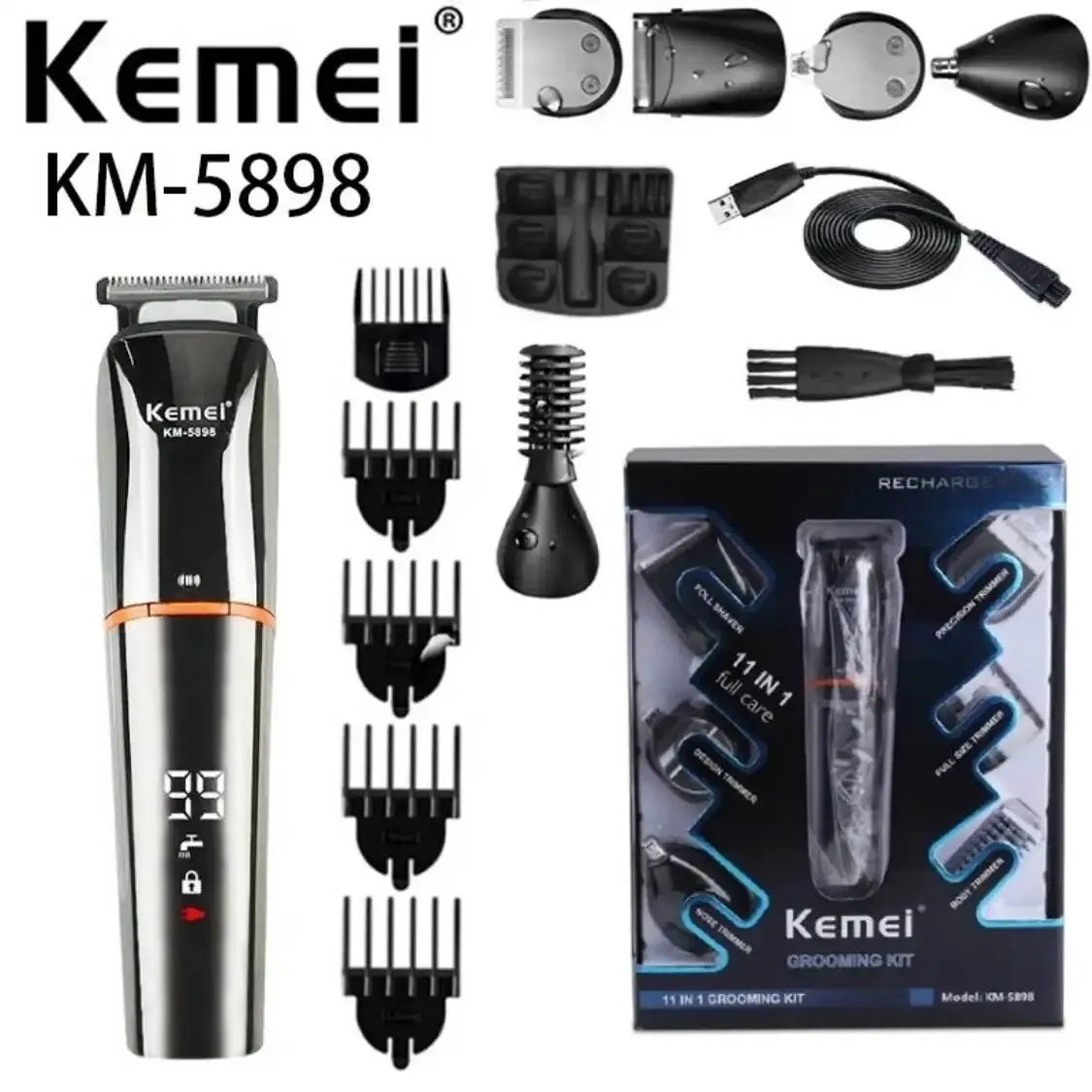 Kemei 다기능 남성용 충전식 얼굴 스타일링 그루밍 키트, LCD 디스플레이, 무선 헤어 전기 클리퍼 KM-5898, 11 in 1