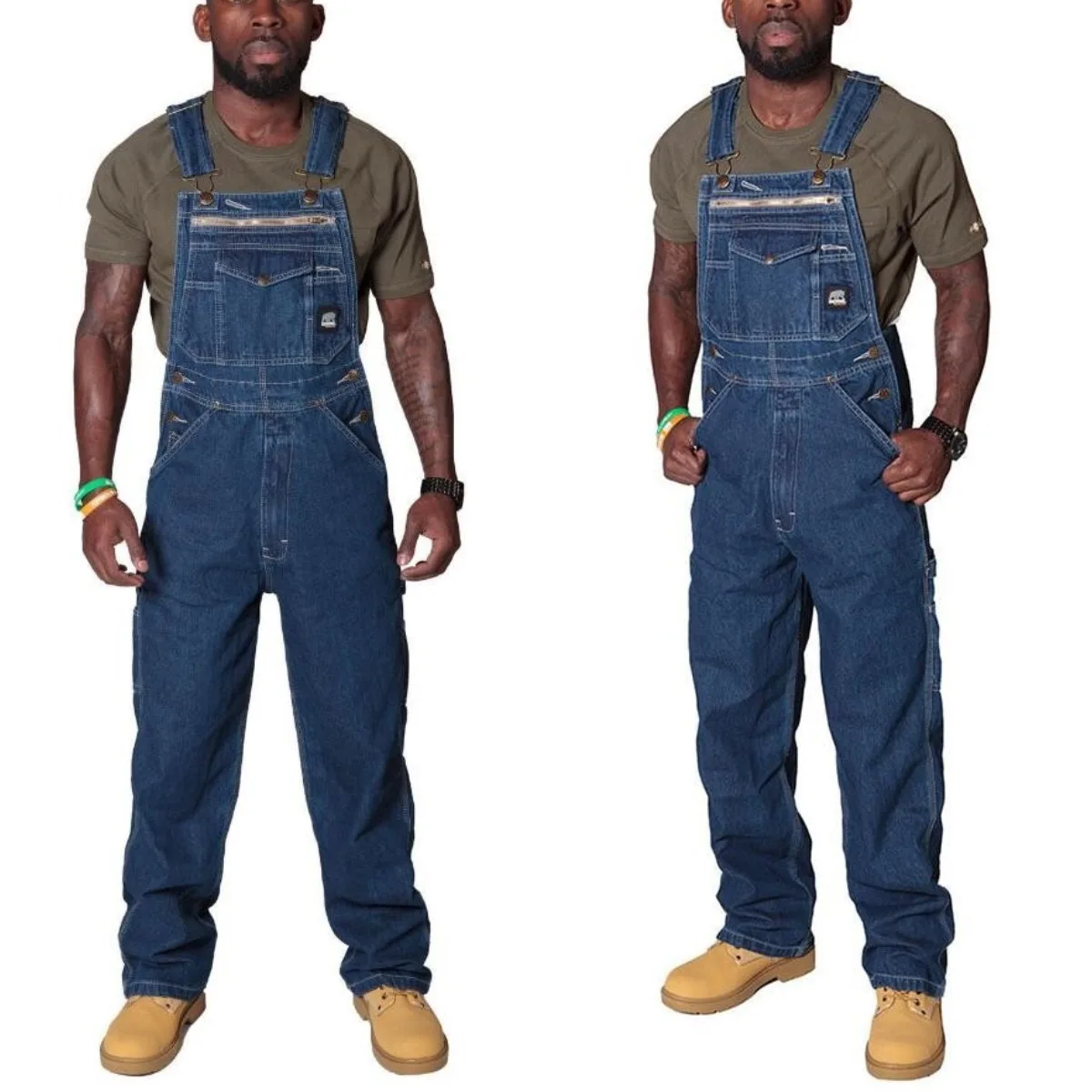 Dark Blue Heavy Weight Men's Jeans Overalls Fake Zipper Spliced Denim Suspender Long Trousers Big Size M-5XL 3