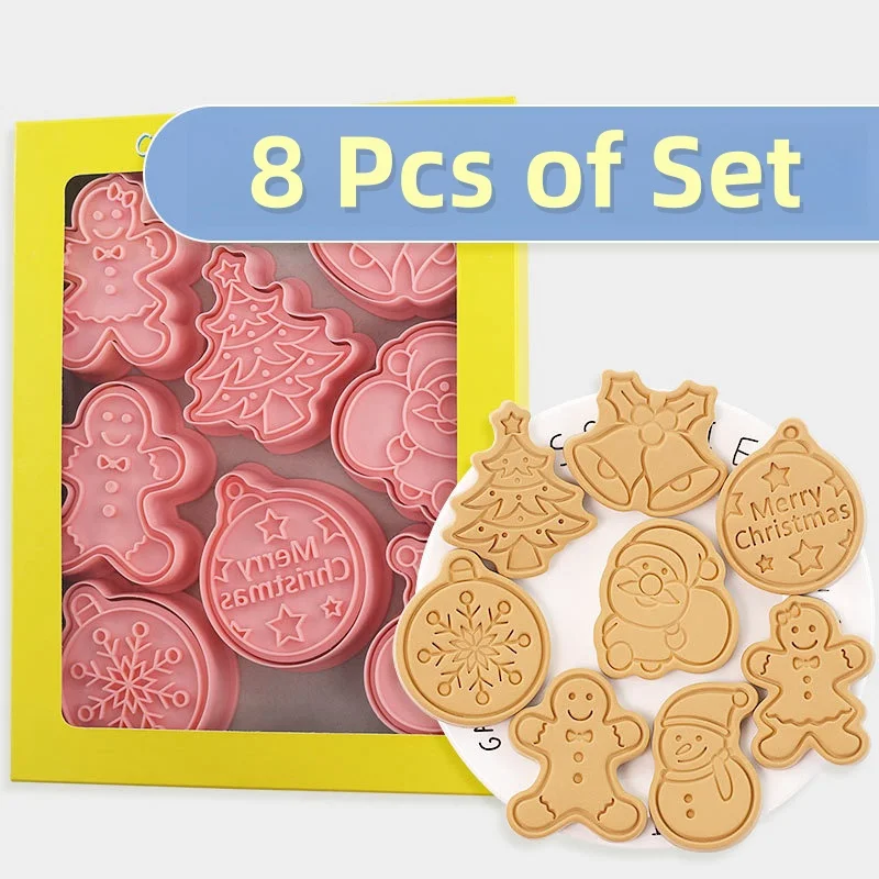 Christmas Cookie Cutters Press 8Pcs Santa Claus Biscuit Mold Plastic Cookie Stamp Confectionery Kitchen Baking Pastry Tools