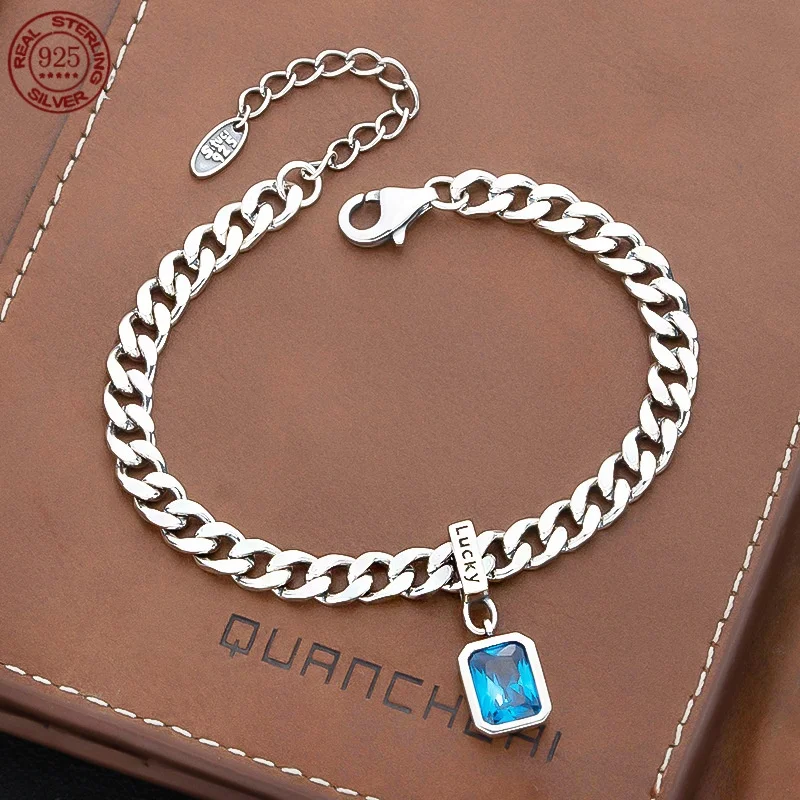

S925 Sterling silver inlaid Cuban bracelet Girl Lucky blue zircon Tank chain temperament cold wind hand jewelry gift