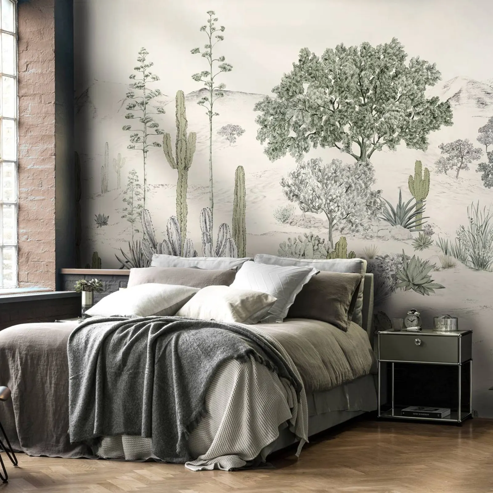 Succulentes wallpaper in Nature color, Landscape wallpaper with Illustrations of succulents, agaves and desert oaks