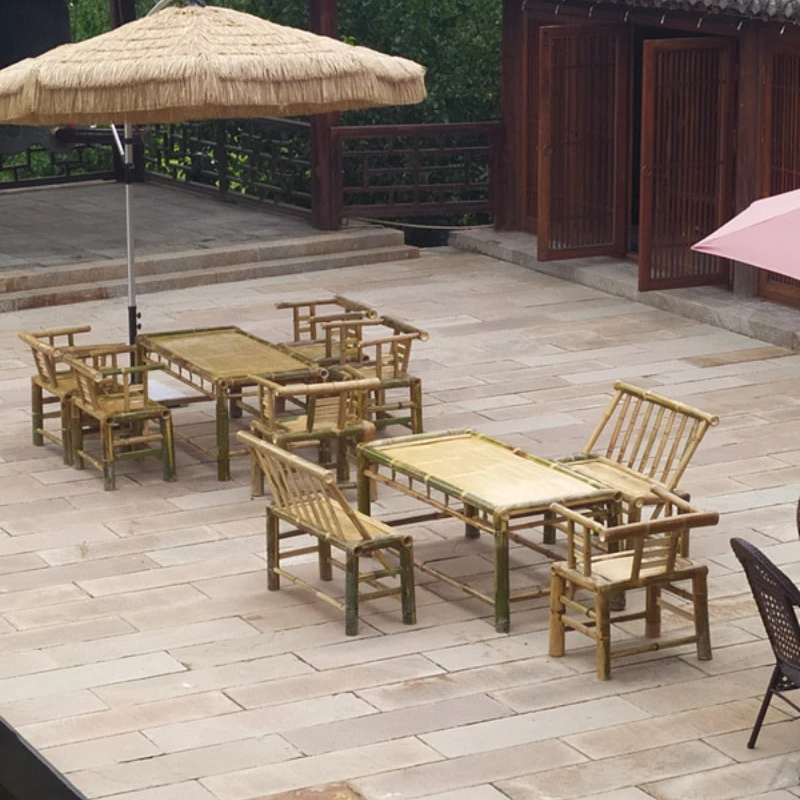 Custom handmade inlay made bamboo table and chair set, balcony table