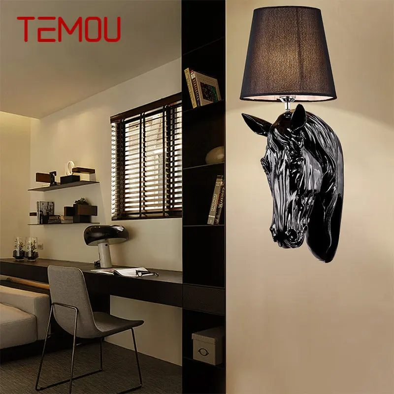 

TEMOU American Style Wall Light Retro Creative Vintage Sconces Lamp LED Resin Horse Head Decor for Home Living Room Corridor
