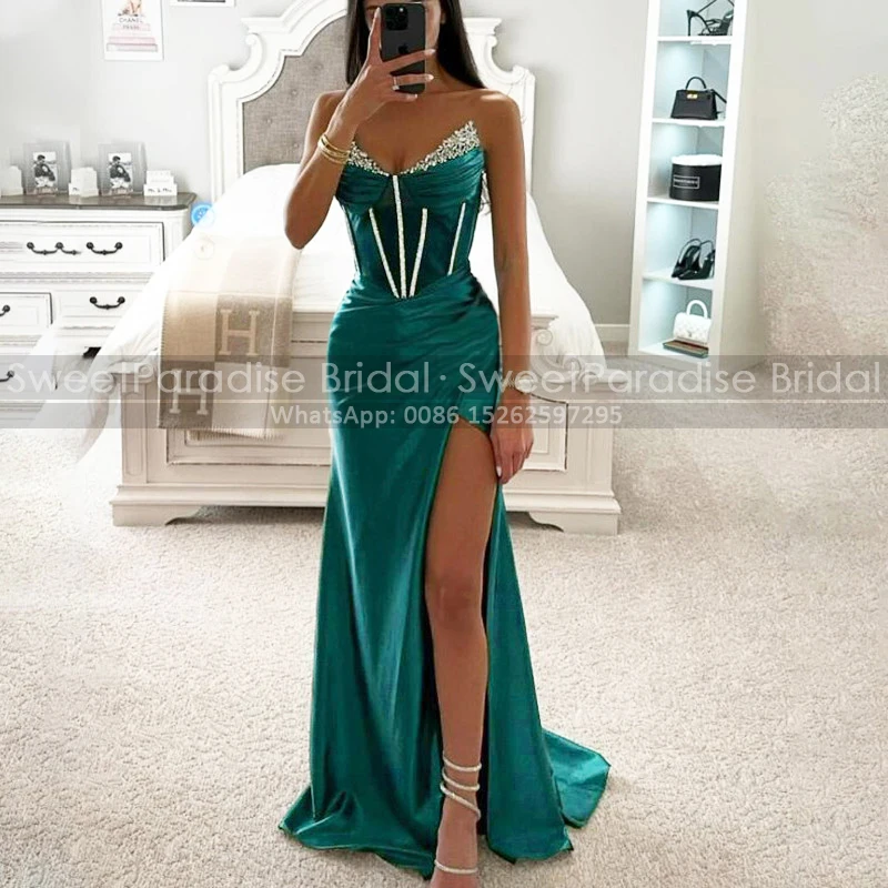 

Sexy Pleat Mermaid Bridesmaid Dresses With Beaded Sequins Strapless Sweetheart Sheath Wedding Guest Dress Party Gown