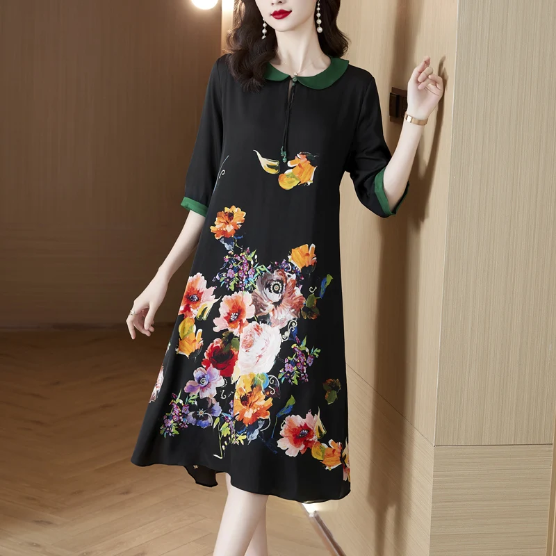 

2023 New Fashion Silk Printed Dress Women's Summer Vintage Doll Neck 5/4 Sleeve Loose Fit Casual Holiday Dress Vestidos