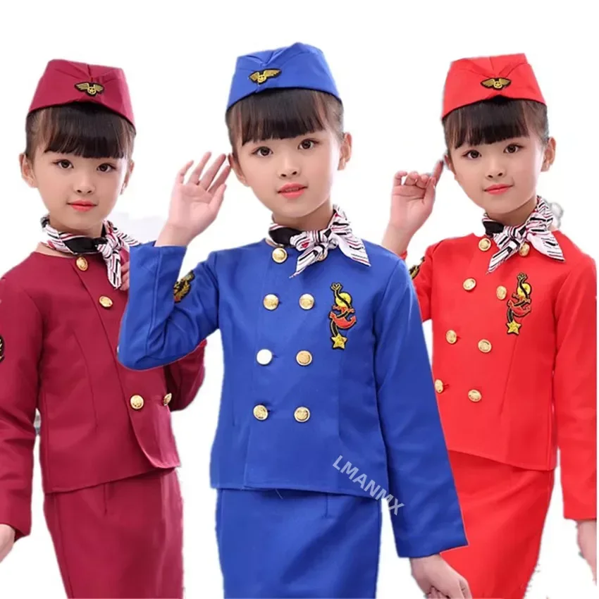 Pilot Aviator Costume Kids Coat Pants Hat Scarf Girl Boy Party Cosplay 6-8 Years Brown