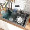 Stainless Steel Waterfall  Kitchen Sink Embossed Large Single-slot Multi-functional Sink With Drain On The Left Side 1