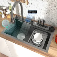 Stainless Steel Waterfall  Kitchen Sink Embossed Large Single-slot Multi-functional Sink With Drain On The Left Side 1