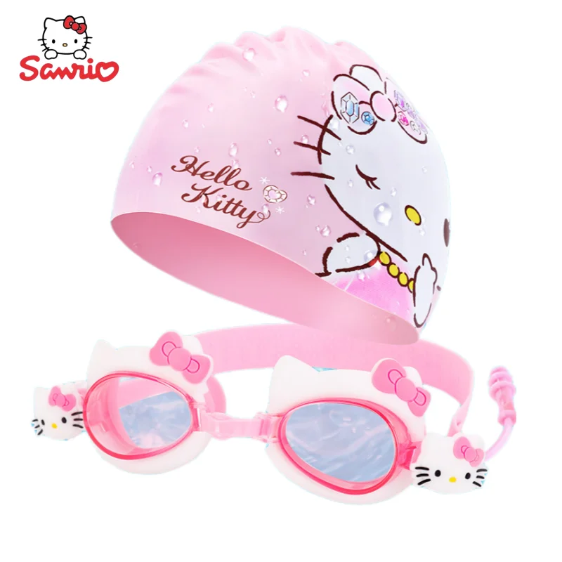 

Sanrio Anime Peripheral Kawaii Cartoon Hello Kitty Swimming Cap Anti-Fog Goggles Creative Swimming Suit Holiday Gift Wholesale