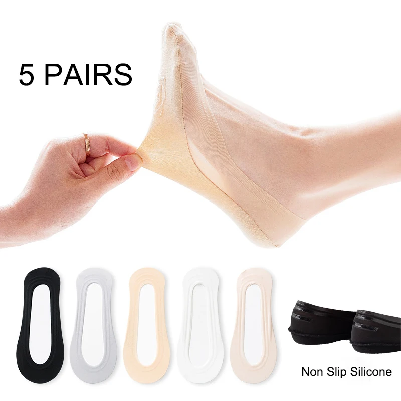 

5 Pairs Women Invisible Non Slip Silicone Cotton Sock Slippers Ultra Thin Summer Breathable No Show Ice Silk Low Cut Boat Socks