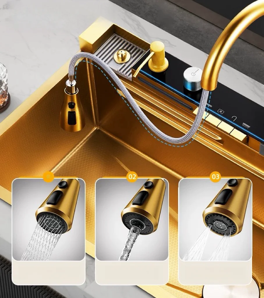 Kitchen Digital Display Waterfall Sink Nanohoneycomb Stainless Steel Single Sink Dishwasher Multifunctional