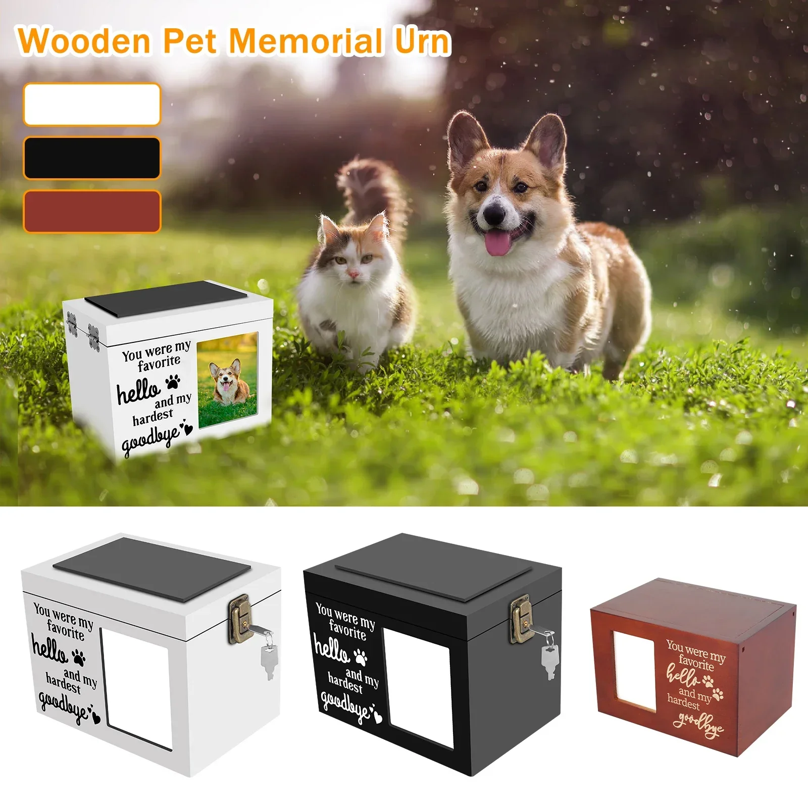 Wood Pet Memorial Urn Dog Cremation Urn Photo Frame Key and Lock Personalized Pet Keepsake Memory Box for Dog or Cat Ashes