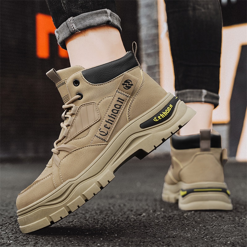 Men's Outdoor Mountaineering Sneakers Comfortable Fashion Lace Up Workwear Shoes Thick Soled Anti Slip Casual Motorcycle Boots