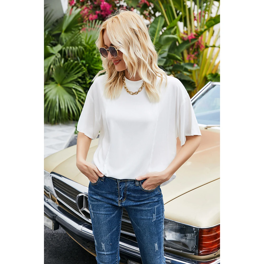 

Summer new style solid color simple tops, white simple woven T-shirts, round neck pullovers, loose bottoming shirts