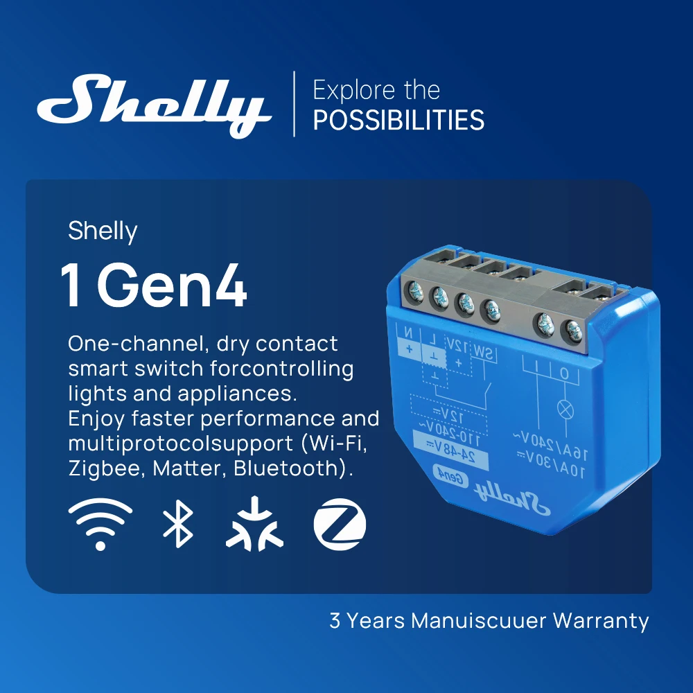 Shelly 1 Gen4 Zigbee Dry Contact Wifi Smart Switch Matter For