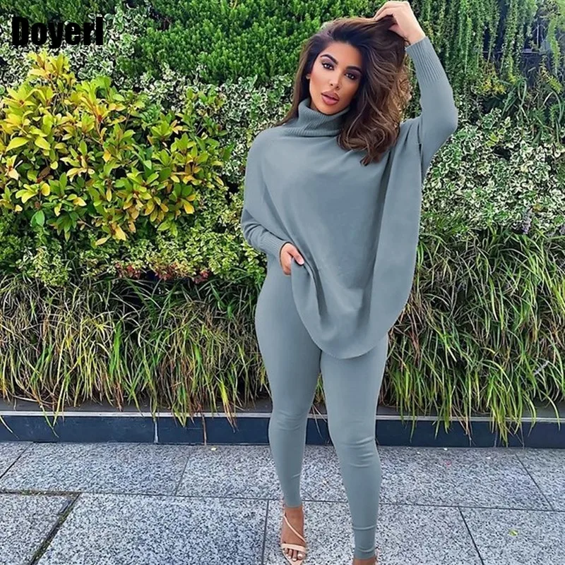 Winter Fashion Two Piece Outfits For Women 2 Piece Set Oversize Turtleneck  Top And Bodycon Pants Set Lounge Wear Matching Sets - Pant Sets - AliExpress