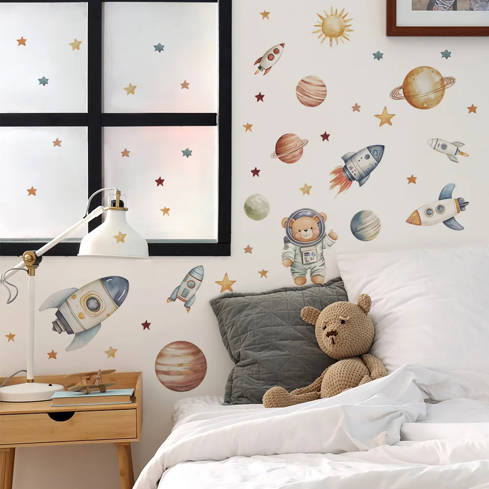 Cartoon Bear Astronaut Rocket Wall Stickers For Kids Room Background Decoration Mural Baby Bedroom Home Decor Removable Decals 6