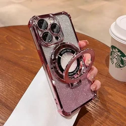 Glitter Magnetic Bracket Phone Case with Magsafe Holder and Bumper - Galaxy M22 (Pink)