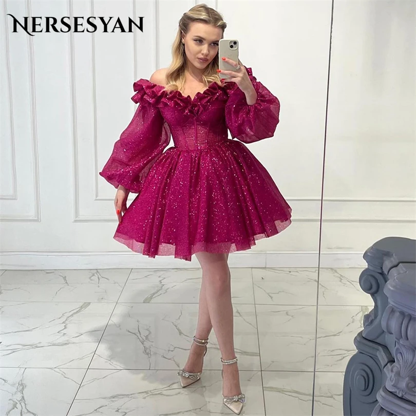 

Nersesyan Sexy Puff Long Sleeves Mini Prom Gowns Off The Shoulder Glitter Tiered Pleats Evening Dresses A Line Party Dress 2023