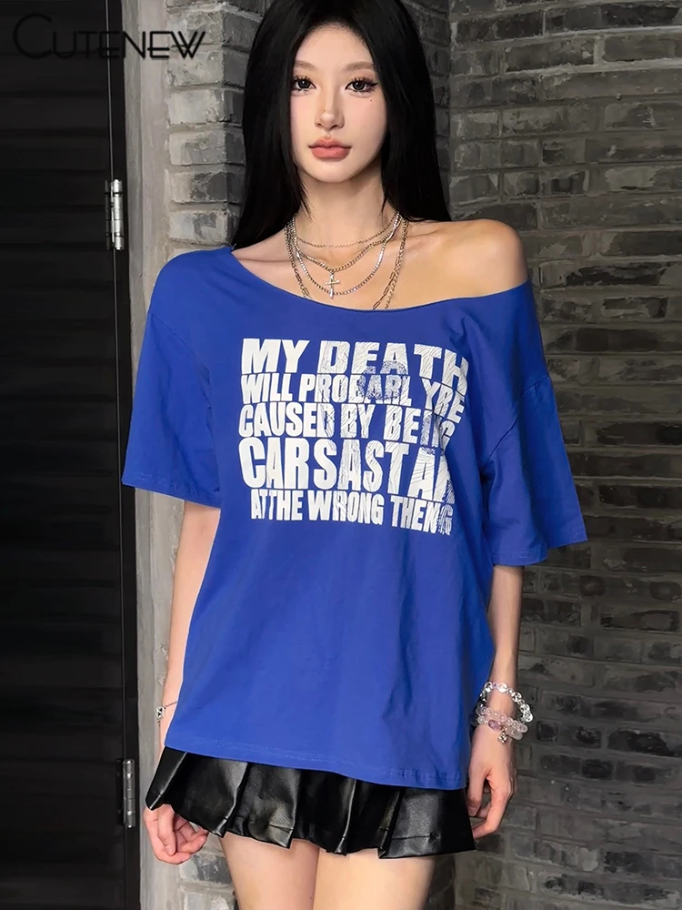 Casual Letter Print Women T-shirts Summer Concise Incline Shoulder Short Sleeve Oversized Tees Female Wild Street Tops