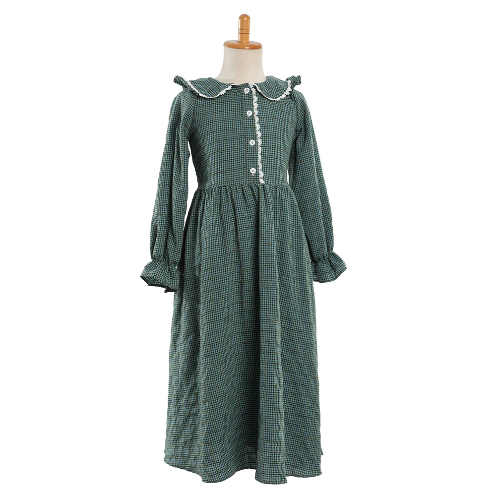 Girls Vintage Brown Green Yellow Plaid Cotton Casual Dress Children Daily Causal Lolita Dress Historical Costume for Little Girl
