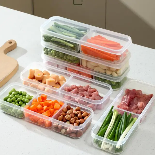 Boîte de rangement pour réfrigérateur, bac à légumes pour repas emballés, plastique de qualité alimentaire scellé, viande alimentaire, stockage réfrigéré à 2/3 compartiments 1