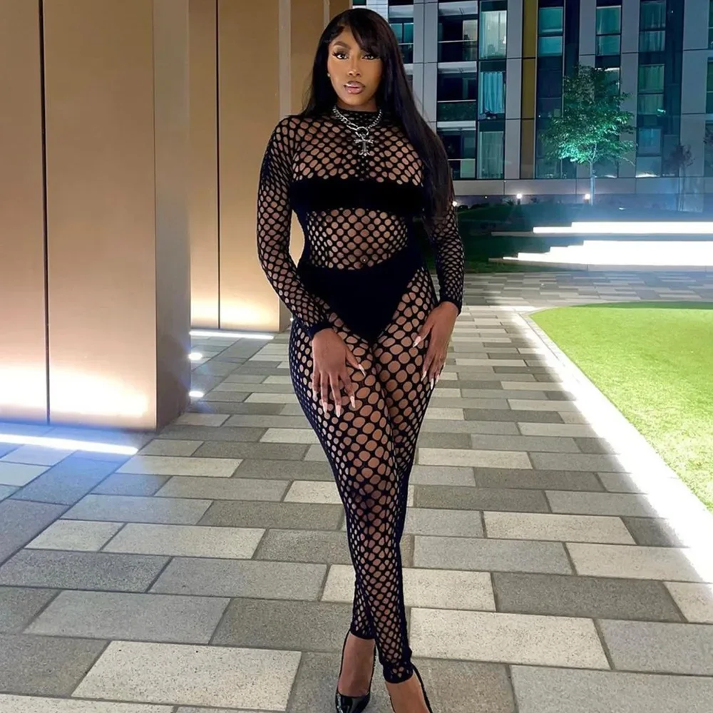 

Women Sexy Club Hollow Out Sheer 2 Piece Set Spring Autumn 2024 O-neck Long Sleeve Crop Top High Waist Pants Hipster Streetwear