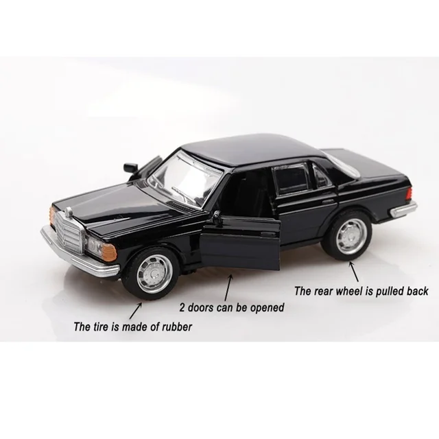 1/36 Boxed Simulation Car Model Toys E-class W123 Black Classical Car Retro Autos Pull Back Function Model 2 Doors Opened 3