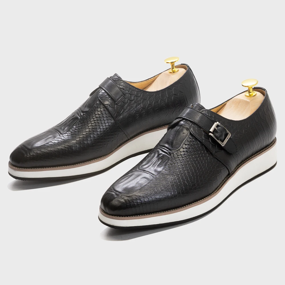 Mens Casual Shoes Genuine Leather Crocodile Pattern Classic Shoe for Men Leather Original Fashion Buckle Monk Strap Sneakers