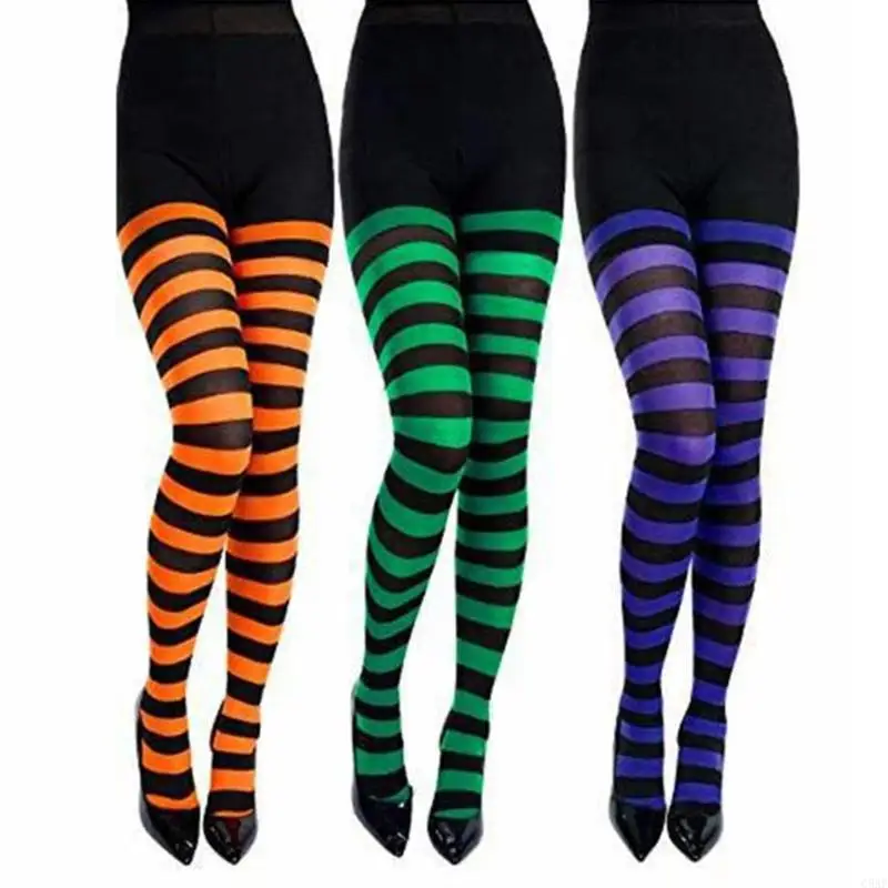 C5AF Womens Horizontal Striped Tights Multicolor Opaque Pantyhose Stockings Partywear
